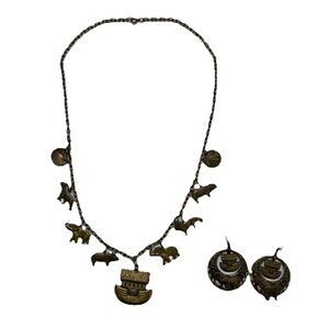 Vintage Noahs Ark Necklace and Earring Set Brushed Antique‎ Gold Tone Dangle